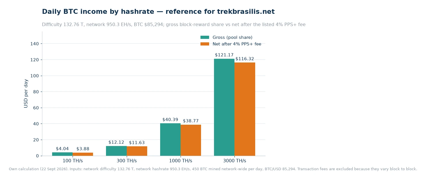 Grouped bar chart comparing gross and post-fee daily BTC income at 100, 300, 1,000 and 3,000 terahashes per second